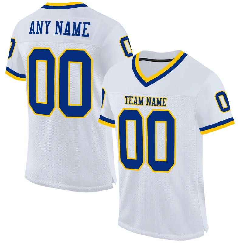 Football Jersey With Silicone Patch-Custom White Royal-Gold Mesh Authentic Throwback Football Jersey