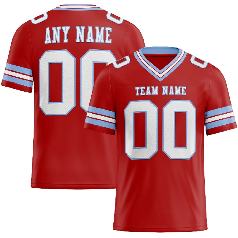 Football Jersey With Oversized Fit-Custom Red White-Light Blue Mesh Authentic Football Jersey