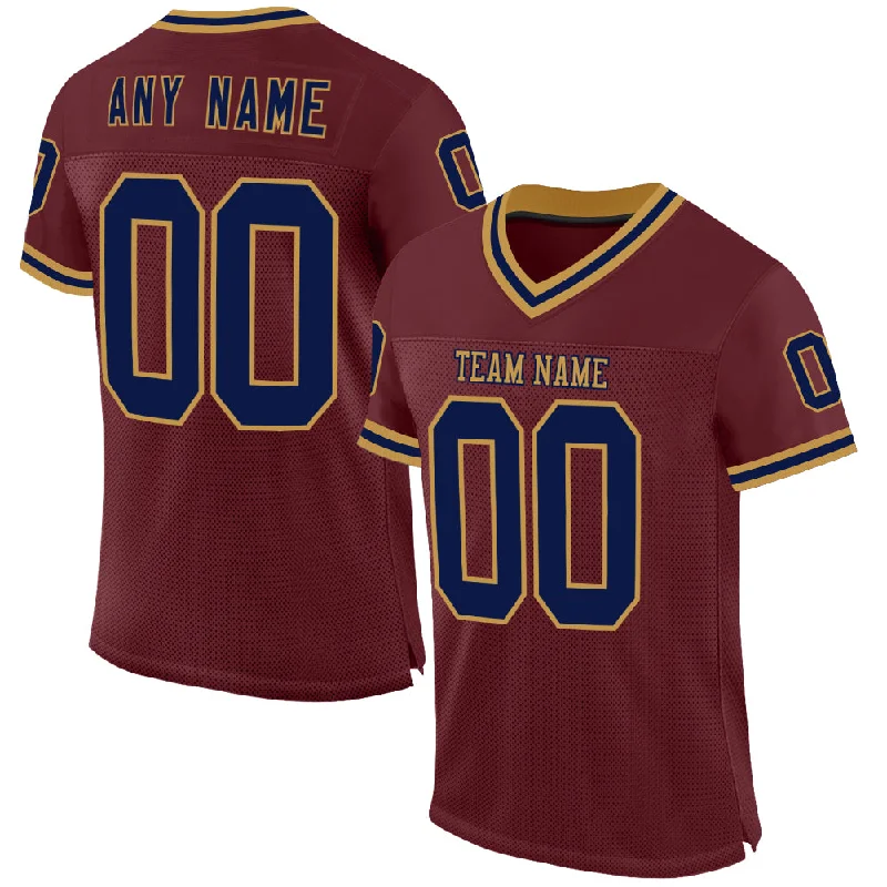 Football Jersey With Screen-Printed Graphics-Custom Burgundy Navy-Old Gold Mesh Authentic Throwback Football Jersey