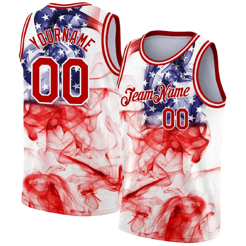 Basketball Jersey With Smart Fabric Technology-Custom White Red 3D American Flag Fashion Authentic Basketball Jersey