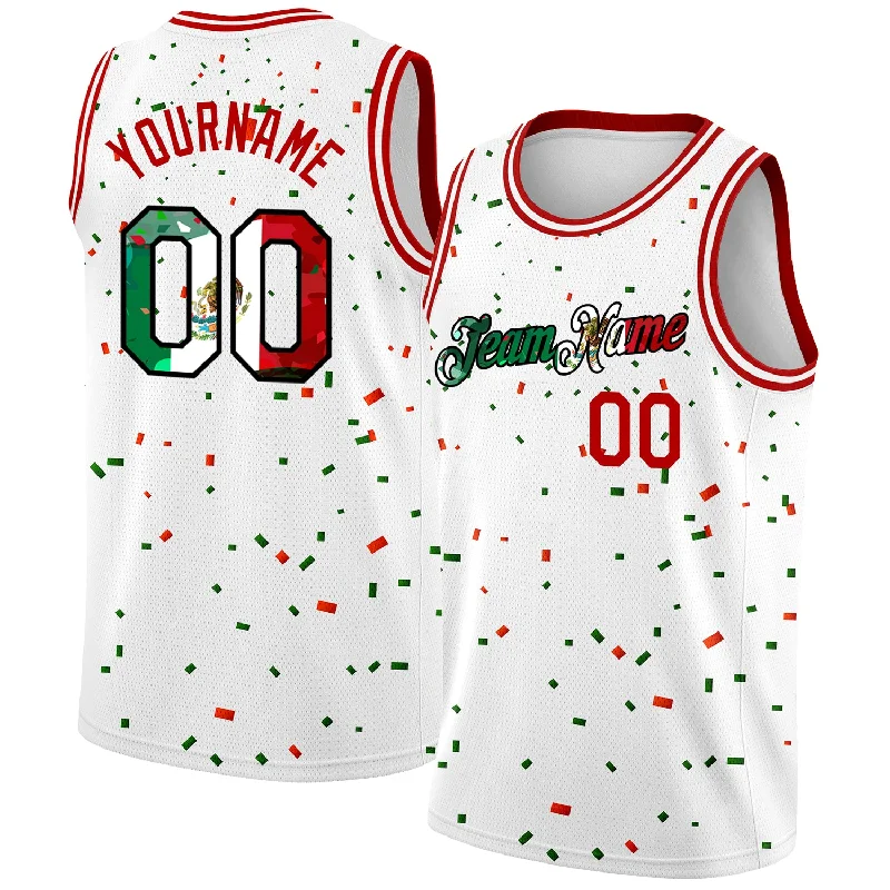 Basketball Jersey With 3D Embroidery-Custom White Mexican Flag Red-Kelly Green-Black 3D Authentic Basketball Jersey