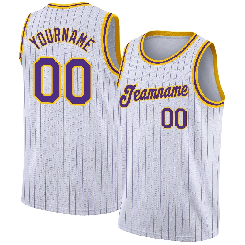 Basketball Jersey With Recycled Polyester-Custom White Purple Pinstripe Purple-Gold Authentic Basketball Jersey