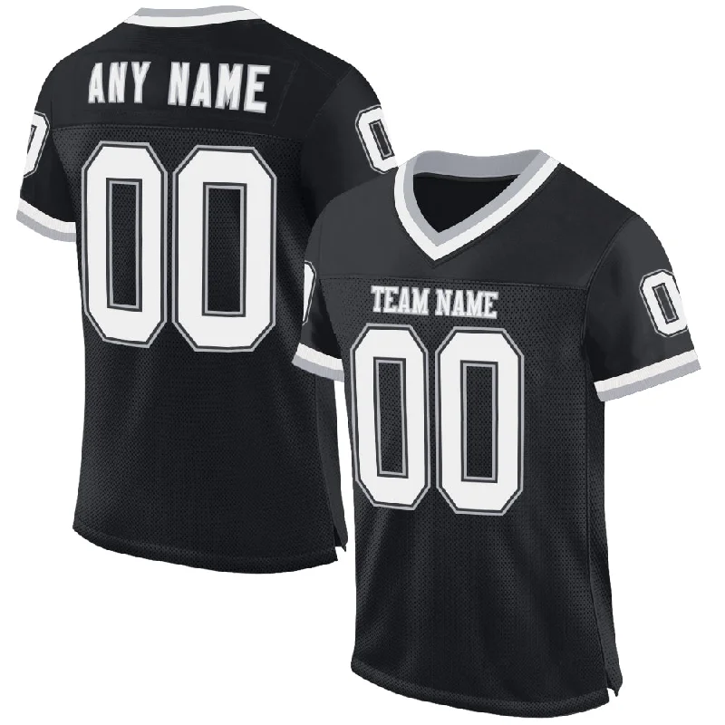 Football Jersey With Reinforced Neckline-Custom Black White-Gray Mesh Authentic Throwback Football Jersey