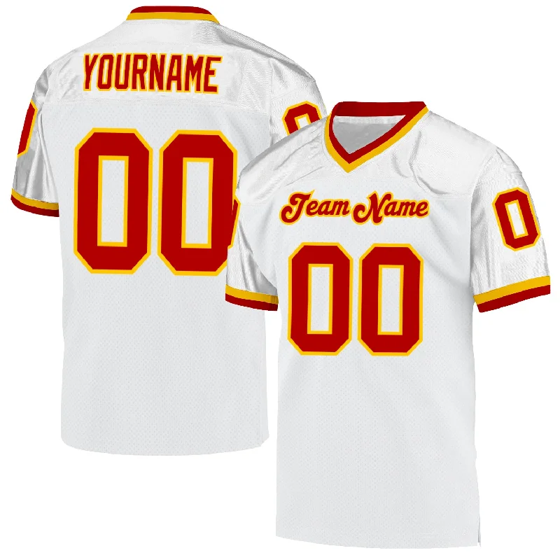 Football Jersey With Sublimated Print-Custom White Red-Gold Mesh Authentic Throwback Football Jersey