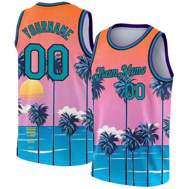 Basketball Jersey For Indoor Courts-Custom Orange Teal-Black 3D Pattern Sun Beach Hawaii Palm Trees Authentic Basketball Jersey