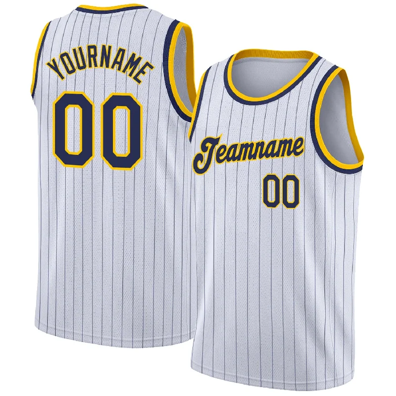 Basketball Jersey With Team Logo-Custom White Navy Pinstripe Navy-Gold Authentic Basketball Jersey