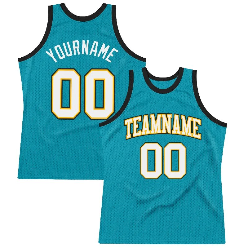 Basketball Jersey With Classic Basketball Script-Custom Teal White Gold-Black Authentic Throwback Basketball Jersey