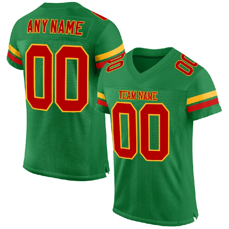 Football Jersey For Winter Training-Custom Grass Green Red-Gold Mesh Authentic Football Jersey