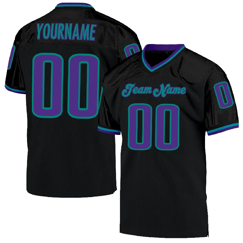 Football Jersey With Mesh Panels-Custom Black Purple-Aqua Mesh Authentic Throwback Football Jersey