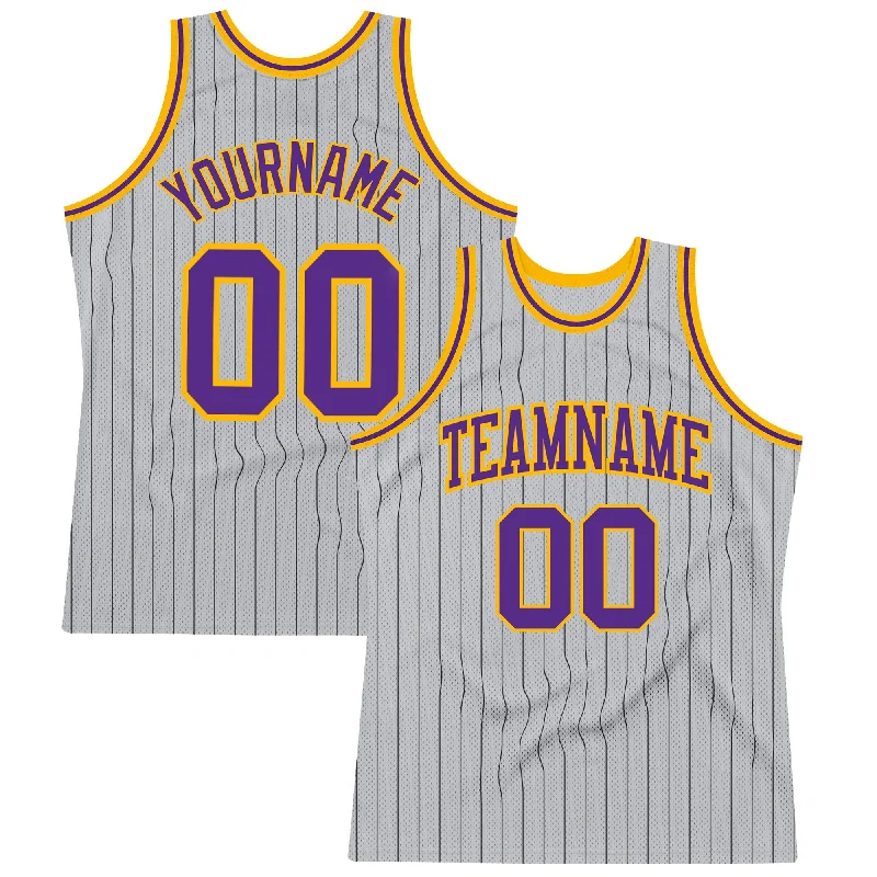 Basketball Jersey With Water Resistance-Custom Gray Black Pinstripe Purple-Gold Authentic Basketball Jersey