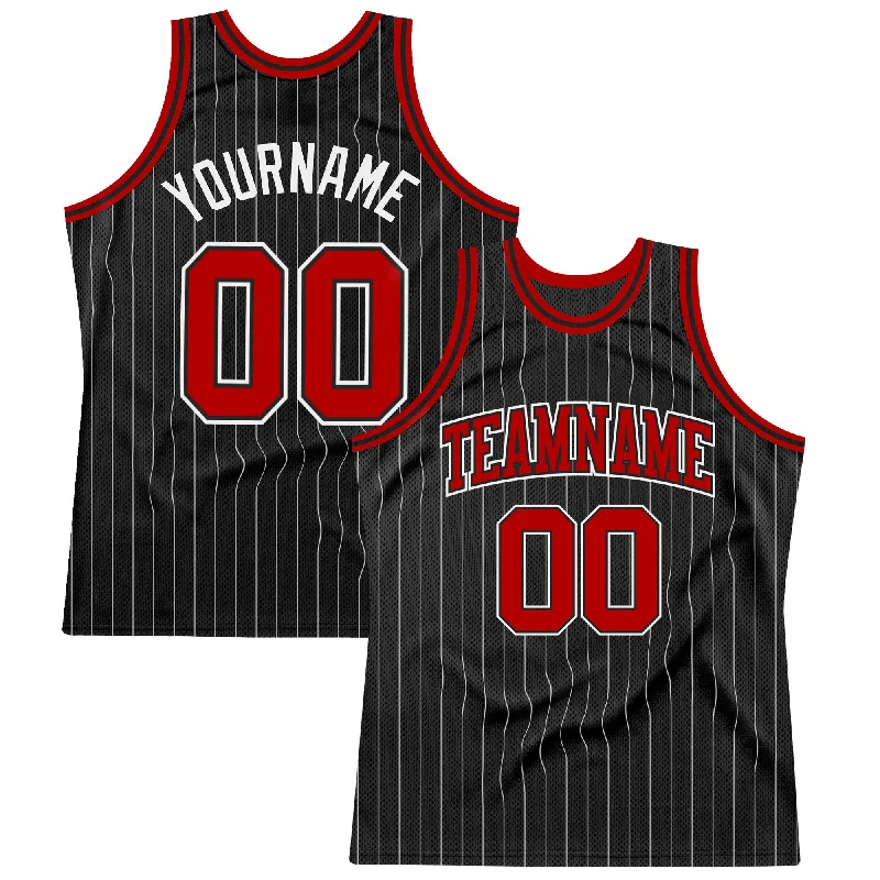 Basketball Jersey With Sweat Absorption Tech-Custom Black White Pinstripe Red-White Authentic Basketball Jersey