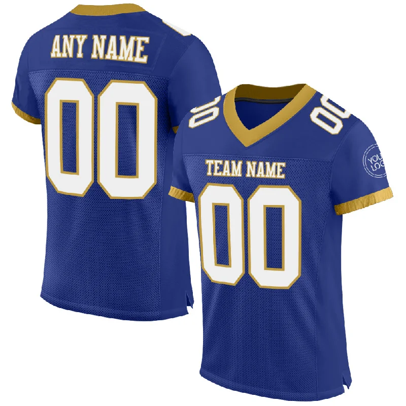 Football Jersey With No-Chafe Seams-Custom Royal White-Old Gold Mesh Authentic Football Jersey