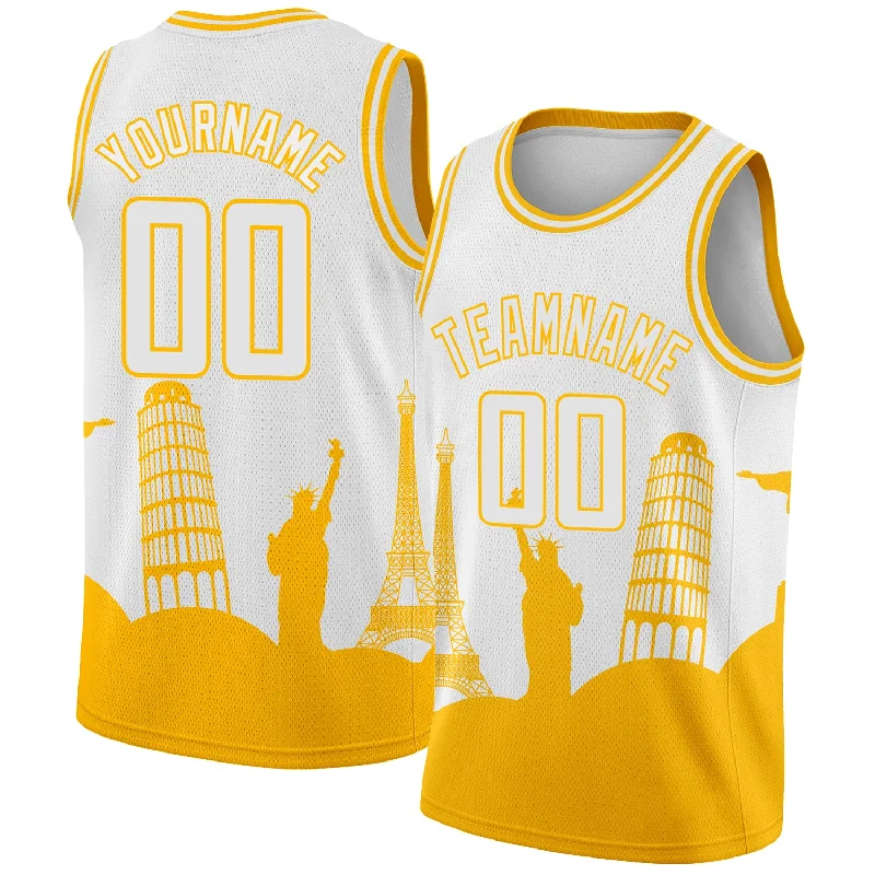 Basketball Jersey With Vintage Look-Custom White Gold Holiday Travel Monuments Silhouette Authentic City Edition Basketball Jersey