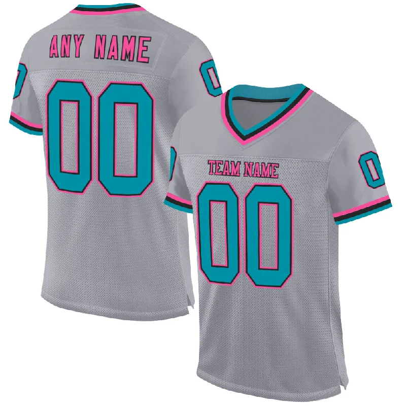 Football Jersey With Moisture-Wicking Tech-Custom Gray Teal Black-Pink Mesh Authentic Throwback Football Jersey