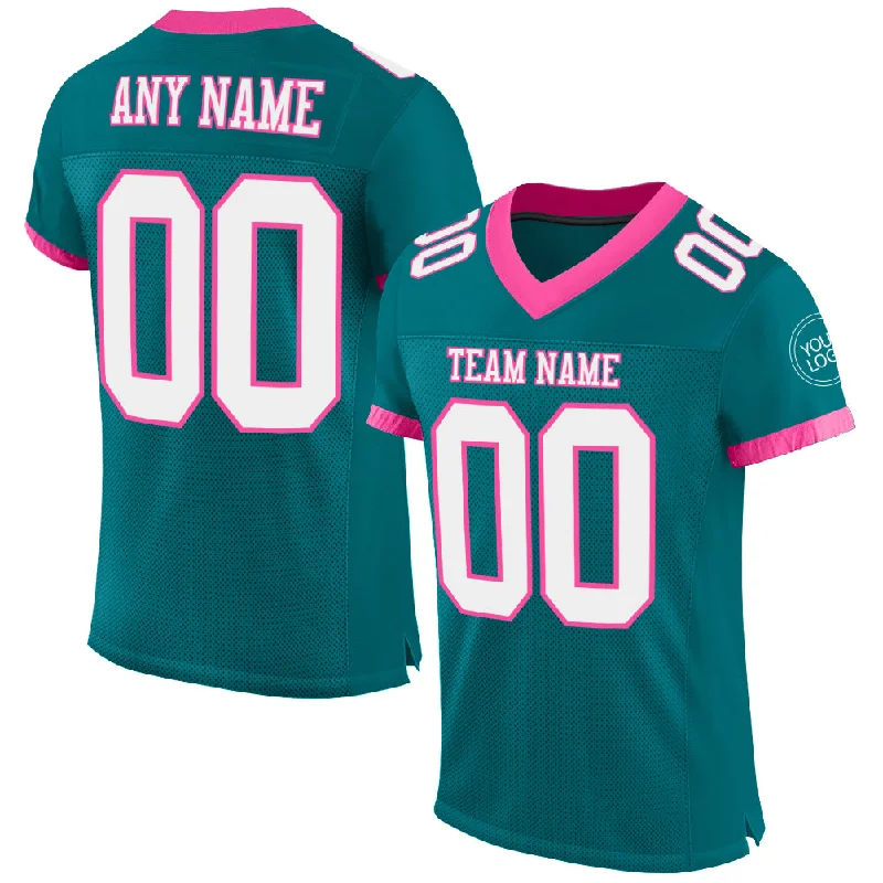 Football Jersey For Tall Players-Custom Teal White-Pink Mesh Authentic Football Jersey