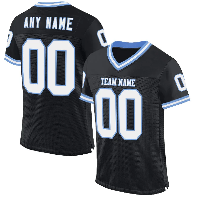 Football Jersey With Movie-Inspired Theme-Custom Black White-Light Blue Mesh Authentic Throwback Football Jersey