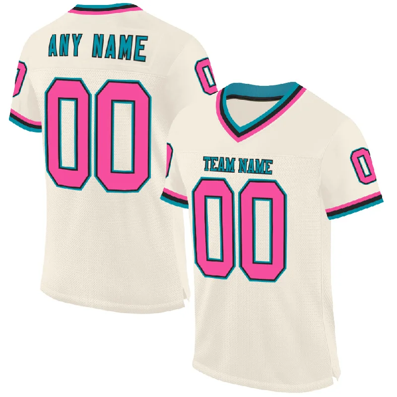 Football Jersey For Outdoor Play-Custom Cream Pink Black-Teal Mesh Authentic Throwback Football Jersey