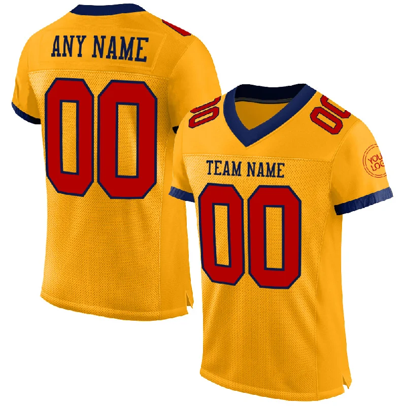 Football Jersey With High-Tech Material-Custom Gold Red-Navy Mesh Authentic Football Jersey