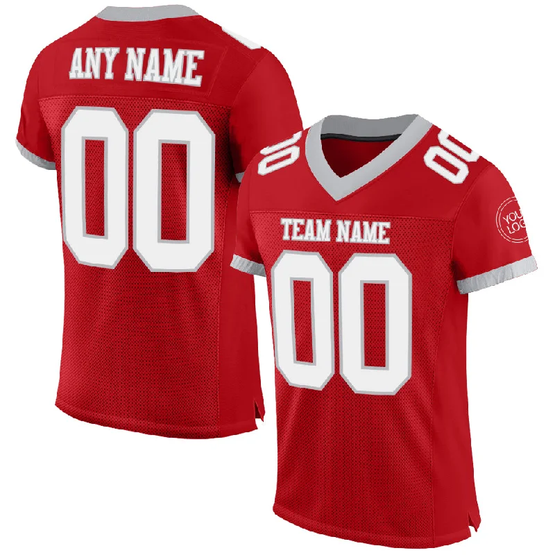 Football Jersey With Snap Button Closure-Custom Red White-Gray Mesh Authentic Football Jersey