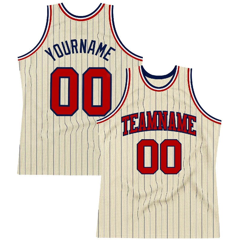 Basketball Jersey With Lightweight Material-Custom Cream Navy Pinstripe Red Authentic Basketball Jersey