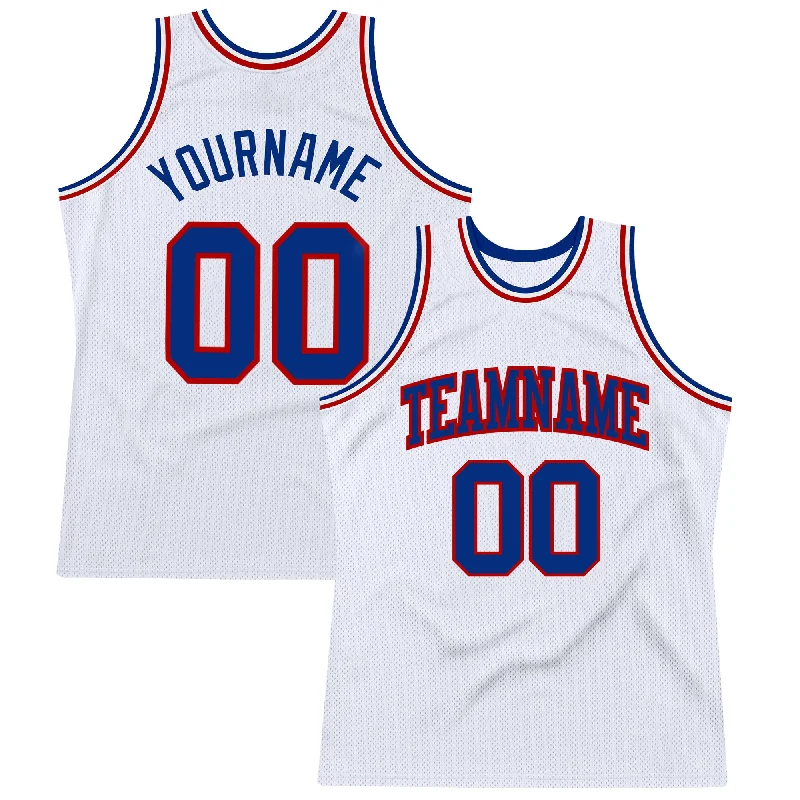 Basketball Jersey With 3D Embroidery-Custom White Royal-Red Authentic Throwback Basketball Jersey