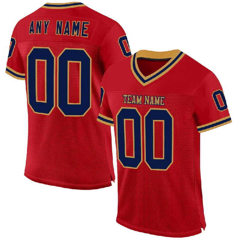 Football Jersey With Anime Graphics-Custom Red Navy-Old Gold Mesh Authentic Throwback Football Jersey