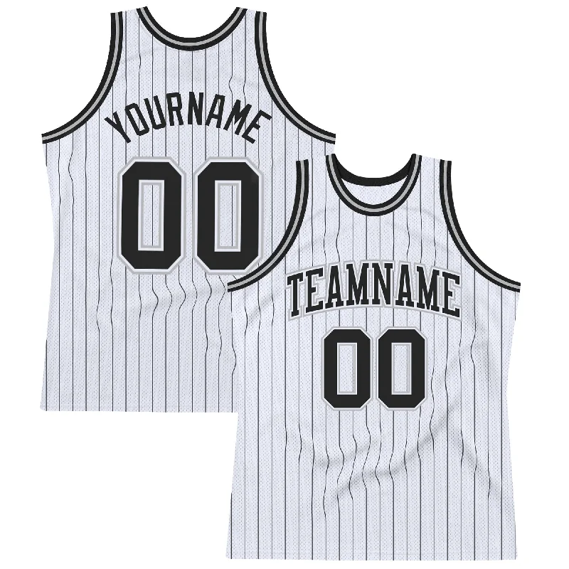 Basketball Jersey With Movie-Inspired Theme-Custom White Black Pinstripe Black-Gray Authentic Basketball Jersey