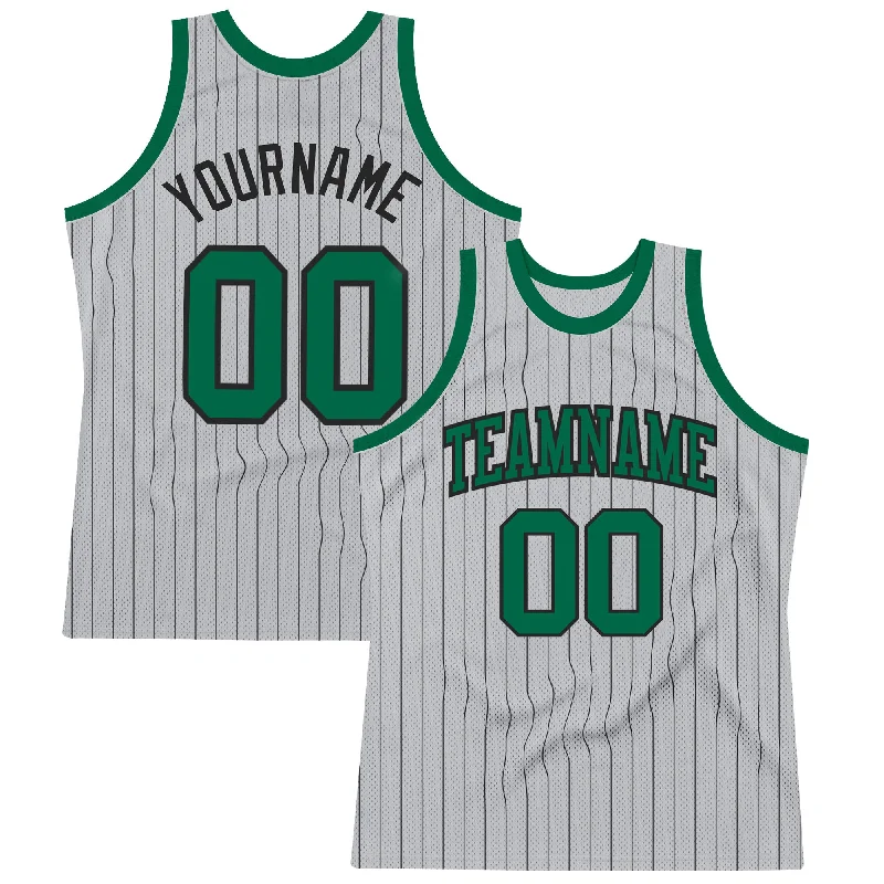 Basketball Jersey With Bold Lettering-Custom Gray Black Pinstripe Kelly Green Authentic Basketball Jersey