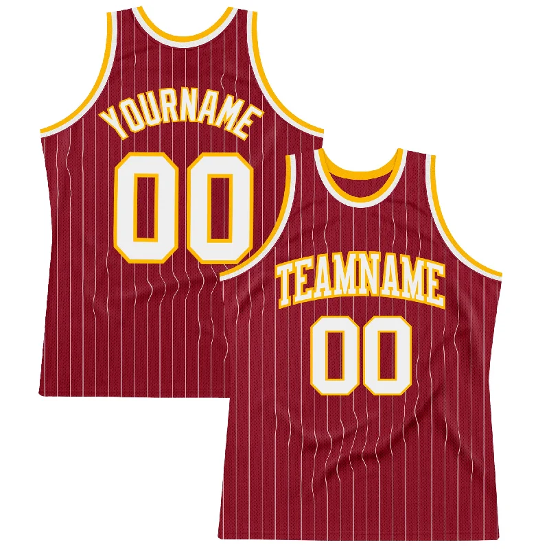 Basketball Jersey With Custom Name-Custom Maroon White Pinstripe White-Gold Authentic Basketball Jersey