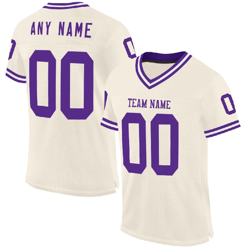 Football Jersey With Iconic Number-Custom Cream Purple-White Mesh Authentic Throwback Football Jersey