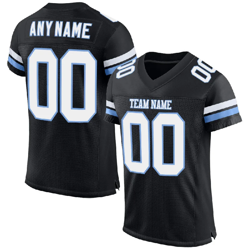 Football Jersey With Bold Graphic Print-Custom Black White-Light Blue Mesh Authentic Football Jersey