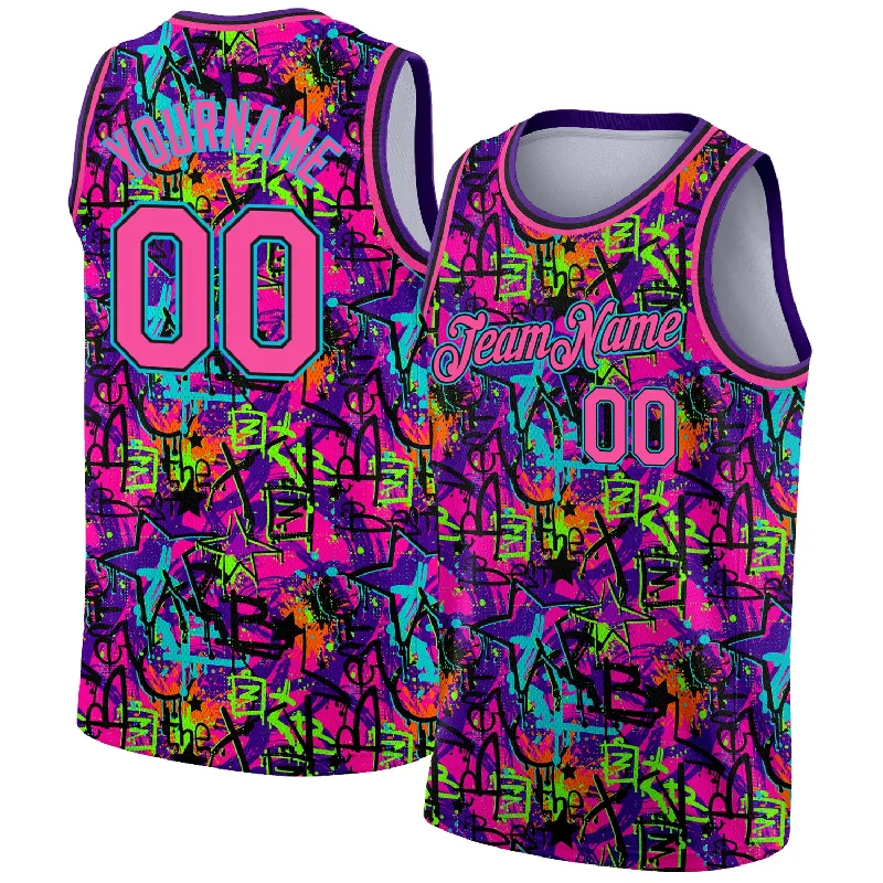 Basketball Jersey With Embroidery-Custom Graffiti Pattern Pink Black-Lakes Blue 3D Grunge Art Authentic Basketball Jersey