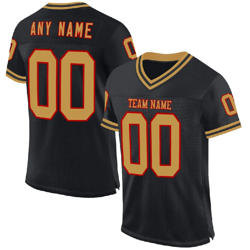 Football Jersey With Screen-Printed Graphics-Custom Black Old Gold-Red Mesh Authentic Throwback Football Jersey