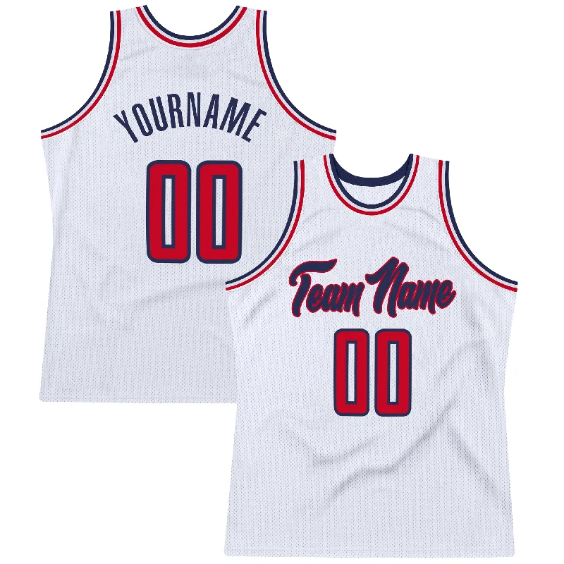 Basketball Jersey For Centers-Custom White Red-Navy Authentic Throwback Basketball Jersey