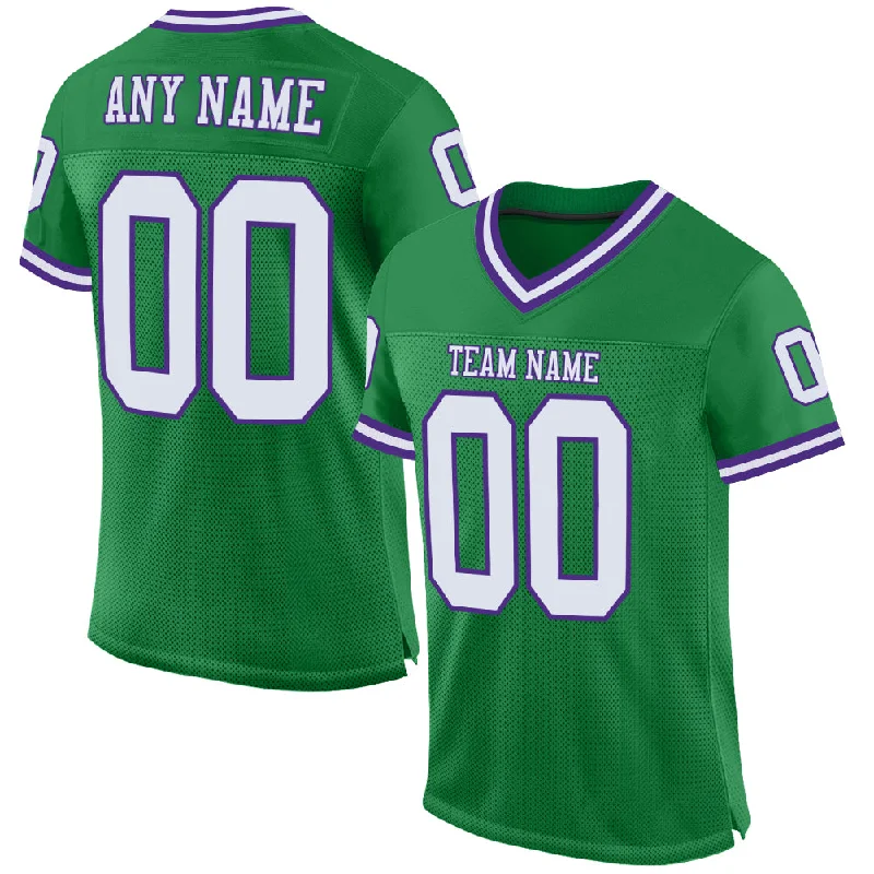 Football Jersey With No-Chafe Seams-Custom Grass Green White-Purple Mesh Authentic Throwback Football Jersey