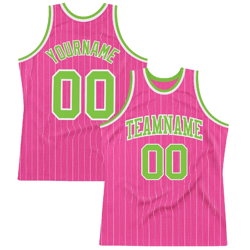 Basketball Jersey With Neon Colors-Custom Pink White Pinstripe Neon Green-White Authentic Basketball Jersey