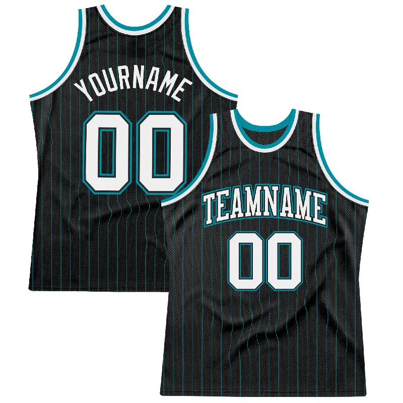 Basketball Jersey With Button-Up Style-Custom Black Teal Pinstripe White Black-Teal Authentic Basketball Jersey