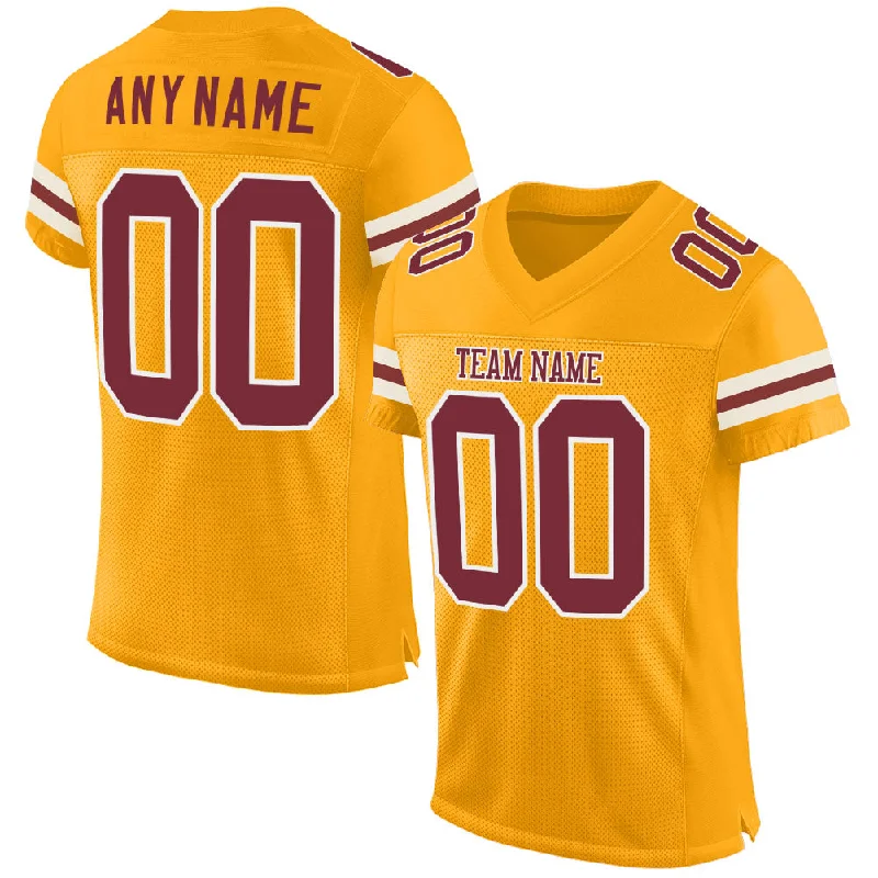 Football Jersey With Puffy Print-Custom Gold Burgundy-White Mesh Authentic Football Jersey