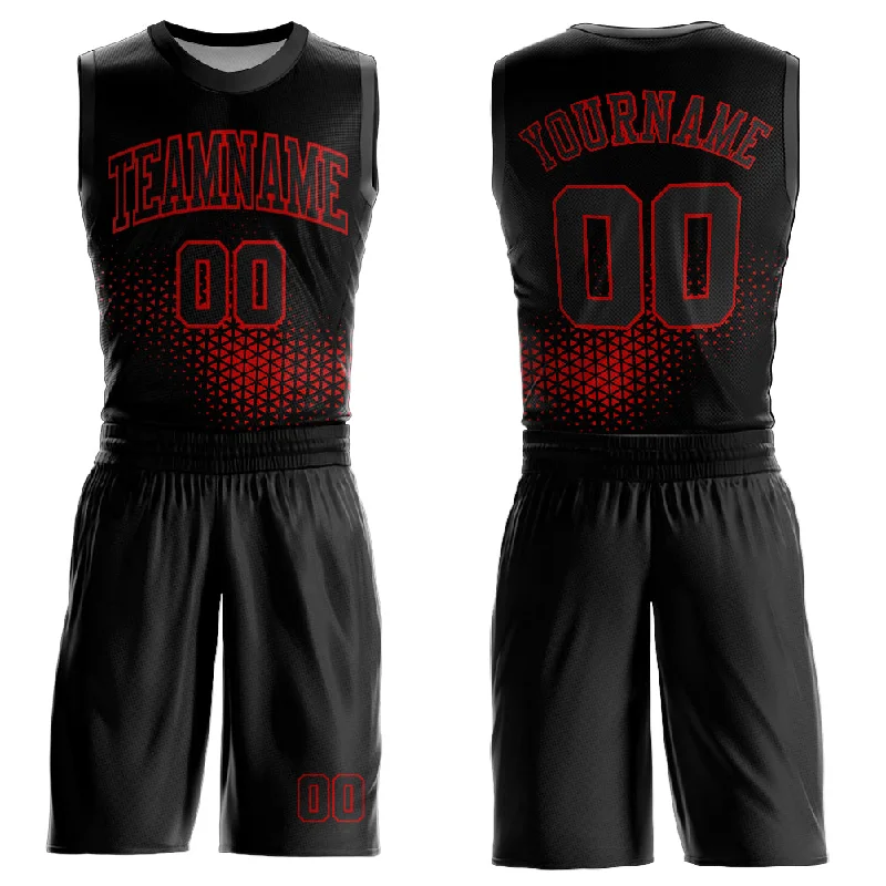 Basketball Jersey With Matching Shorts-Custom Black Red Round Neck Sublimation Basketball Suit Jersey