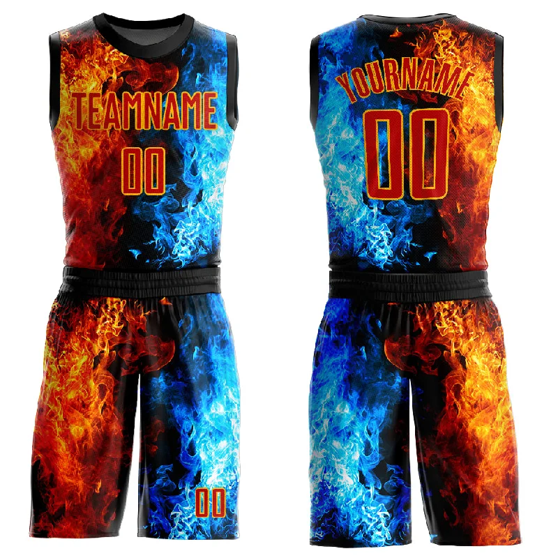 Basketball Jersey With Glow-In-The-Dark Print-Custom Figure Red-Gold Flame Round Neck Sublimation Basketball Suit Jersey