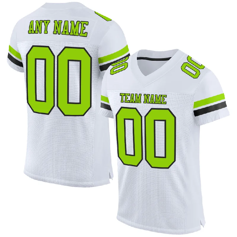 Football Jersey With Tournament Logo-Custom White Neon Green-Black Mesh Authentic Football Jersey