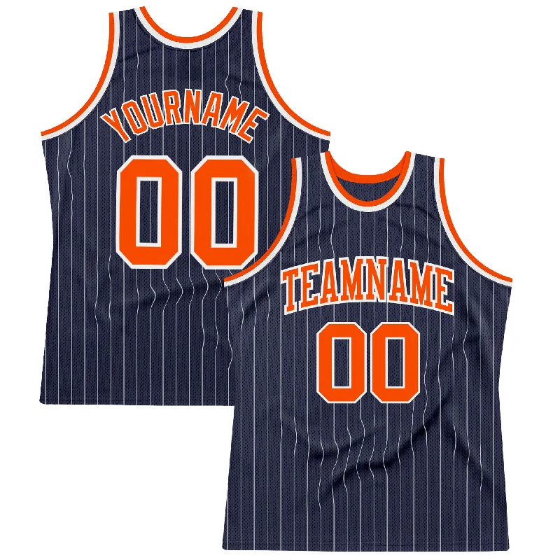 Basketball Jersey For Point Guards-Custom Navy White Pinstripe Orange Authentic Basketball Jersey