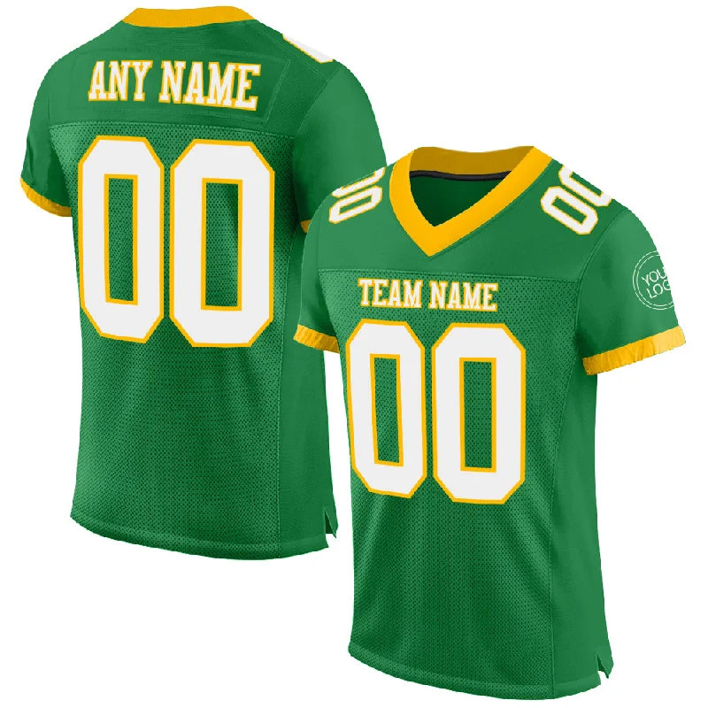 Football Jersey With Breathable Fabric-Custom Grass Green White-Gold Mesh Authentic Football Jersey