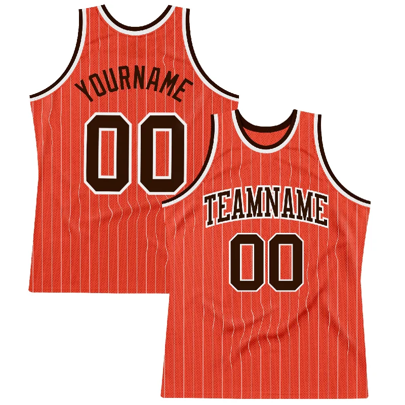 Basketball Jersey With Tear-Resistant Fabric-Custom Orange White Pinstripe Brown Authentic Basketball Jersey