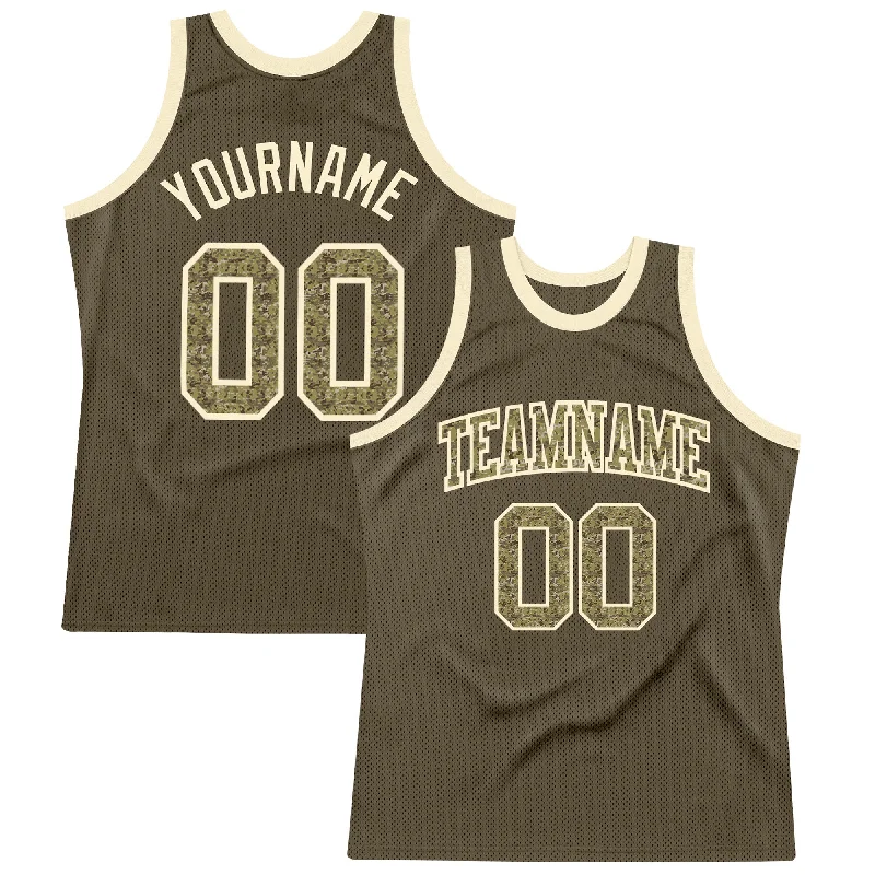 Basketball Jersey With Round Neck-Custom Olive Camo-Cream Authentic Throwback Salute To Service Basketball Jersey