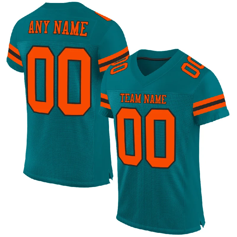 Football Jersey With Satin Finish-Custom Teal Orange-Black Mesh Authentic Football Jersey