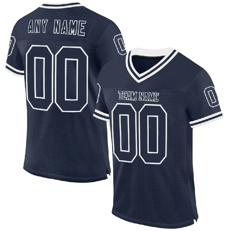 Football Jersey With Funny Slogans-Custom Navy White Mesh Authentic Throwback Football Jersey