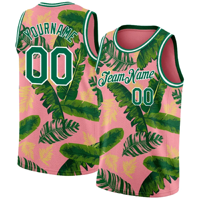 Basketball Jersey With Sweat-Wicking Tech-Custom Medium Pink Kelly Green-White 3D Pattern Tropical Hawaii Leaves Authentic Basketball Jersey