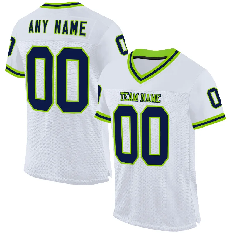 Football Jersey With Flag Football Theme-Custom White Navy-Neon Green Mesh Authentic Throwback Football Jersey