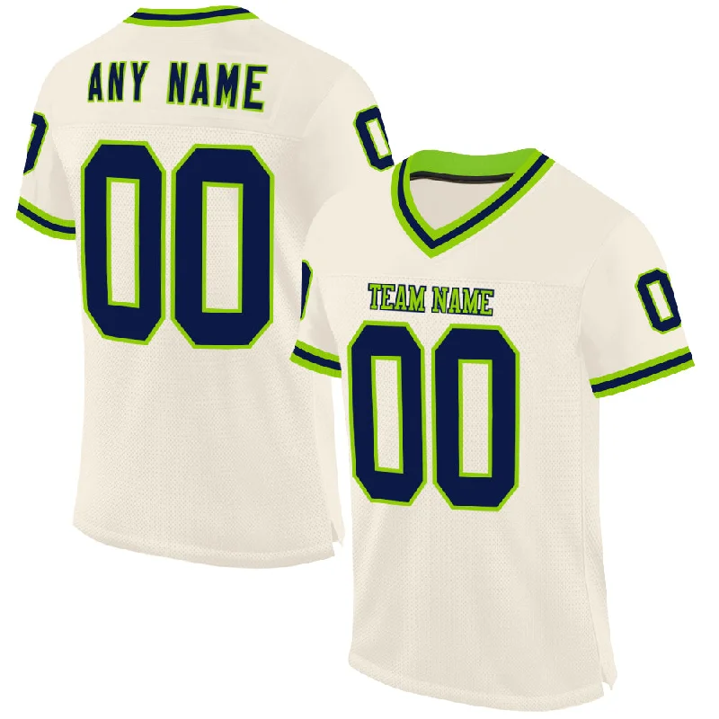 Football Jersey With Side Zippers-Custom Cream Navy-Neon Green Mesh Authentic Throwback Football Jersey